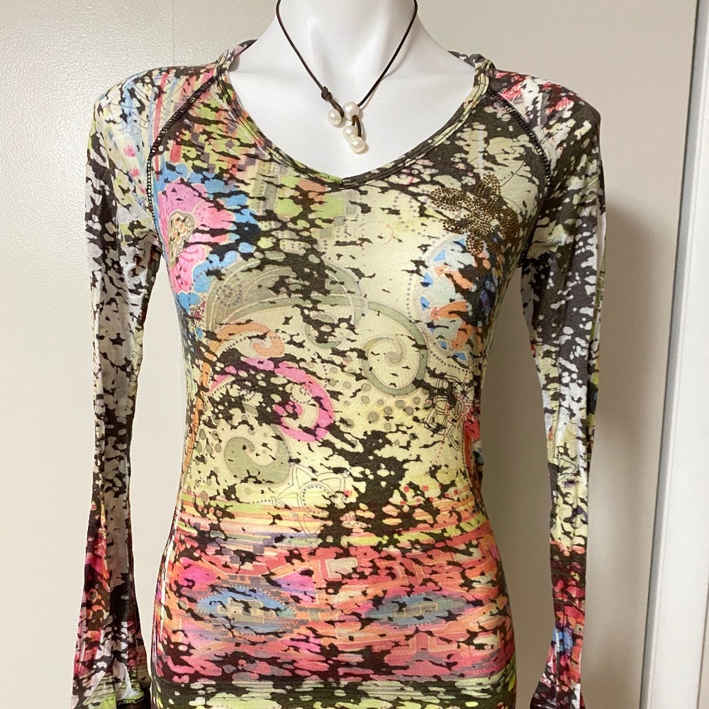 American Twist Sheer Hooded T-shirt w/Fleur de Lis Rhinestone Detail